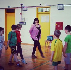 Kate O'Hara and kids point toes learning Irish dancing